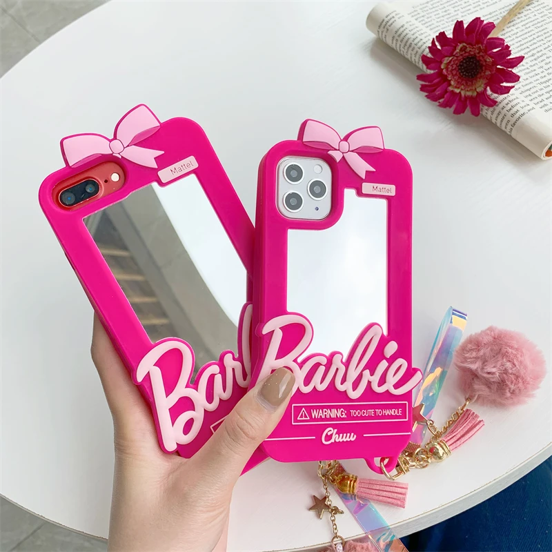 3D Barbie Soft Silicone Phone Case For iPhone 16 Pro 15 14 13 12 11 X Xr Xs Max 6s 7 8 Plus SE Mini With Mirror Pink Girl Cover