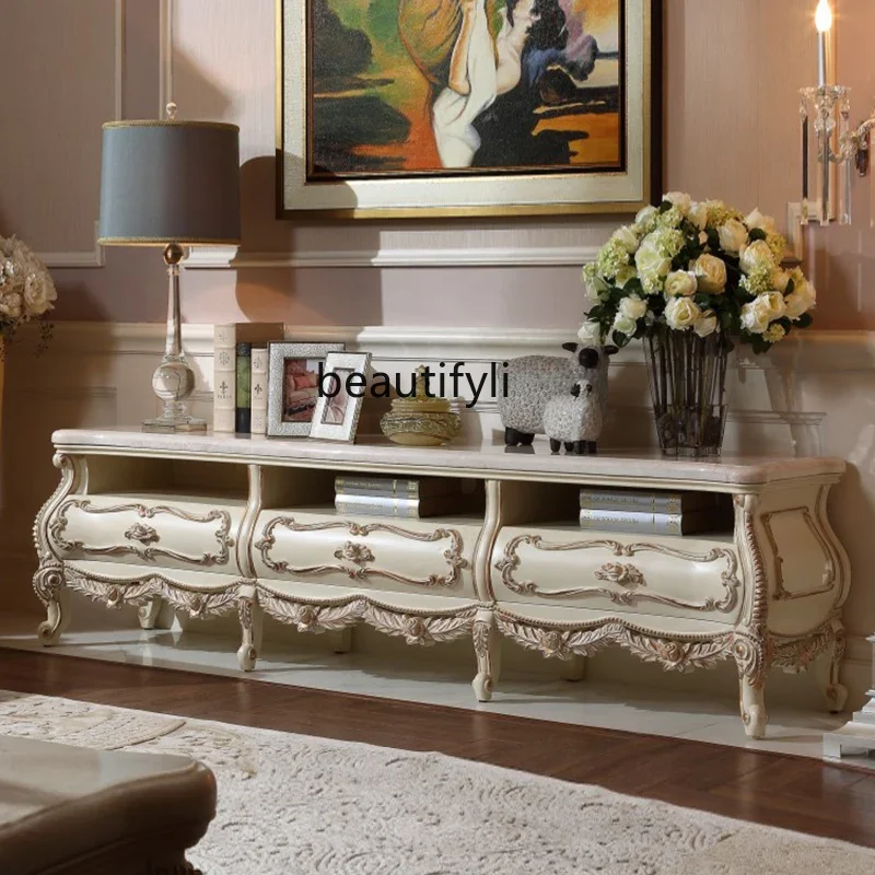 

Ivory White Vintage TV Cabinet European Style Solid Wood Floor Cabinet Home Living Room Display Cabinet Luxury