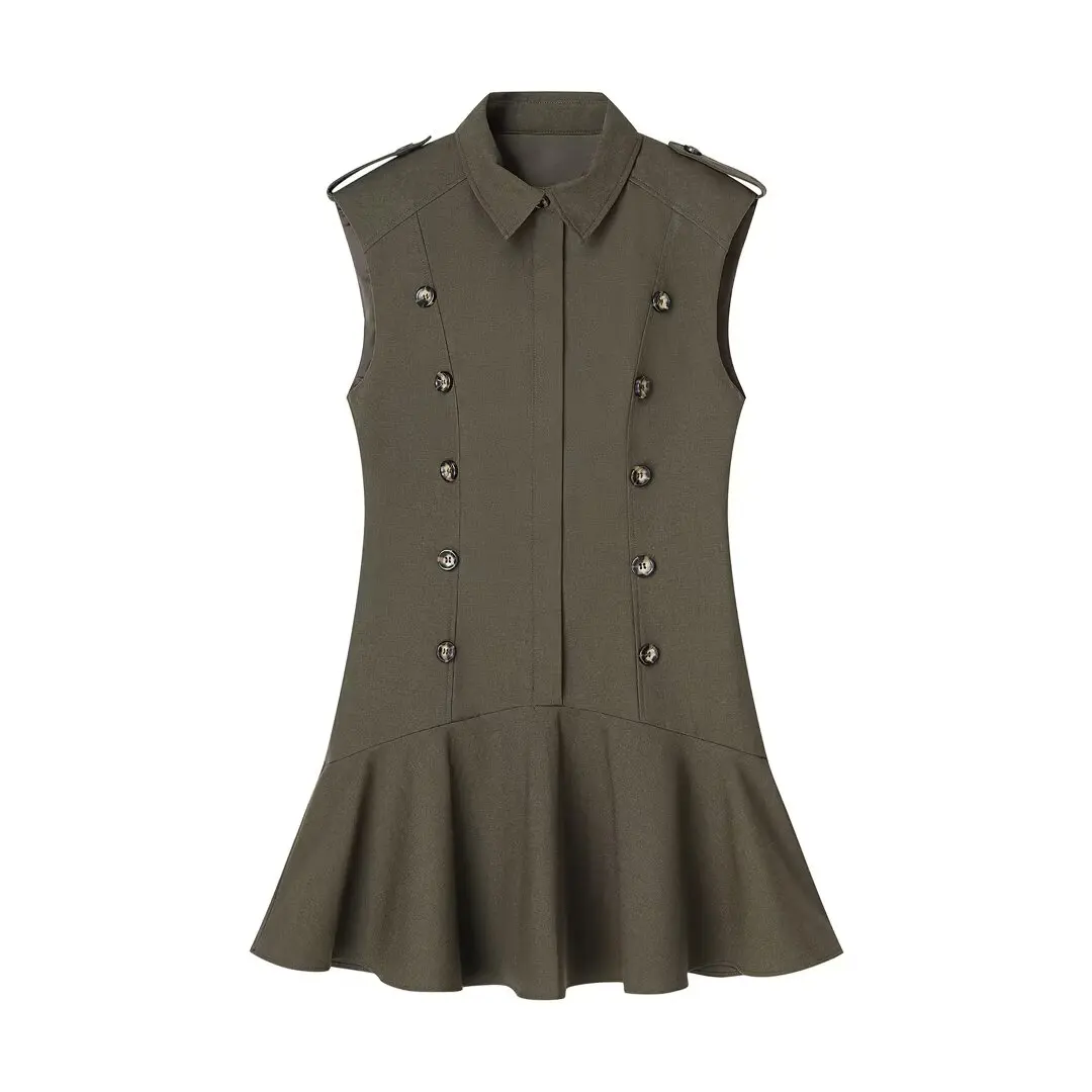 Abito corto plissettato con orlo BSAY con spalline Mini gilet decorativo doppiopetto stile camicia da donna con colletto ribaltabile
