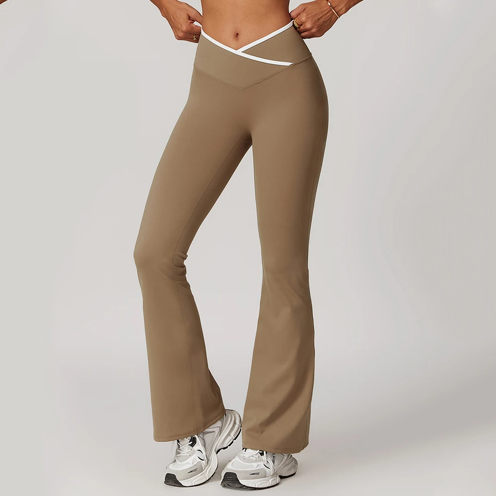 Legging Flare Crossover untuk Wanita Celana Yoga Kontrol Perut Bawahan Lonceng Silang V Pinggang Tinggi Legging Olahraga Gym Pakaian Wanita