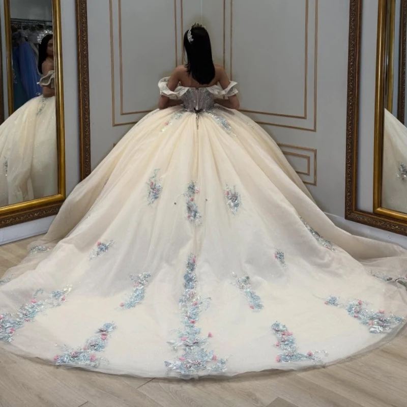 Luz champanhe brilhante quinceanera vestidos fora do ombro lantejoulas apliques flor miçangas tull espartilho festa de aniversário doce 16