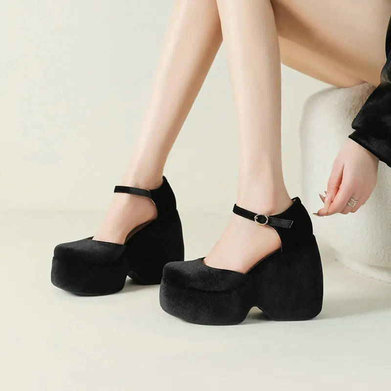 Velour Velvet Wine Red Olive Closed Toe Summer Sandals Platform Wedges High Heels Two Pieces Ankle Buckle Belt Mary Janes Pumps