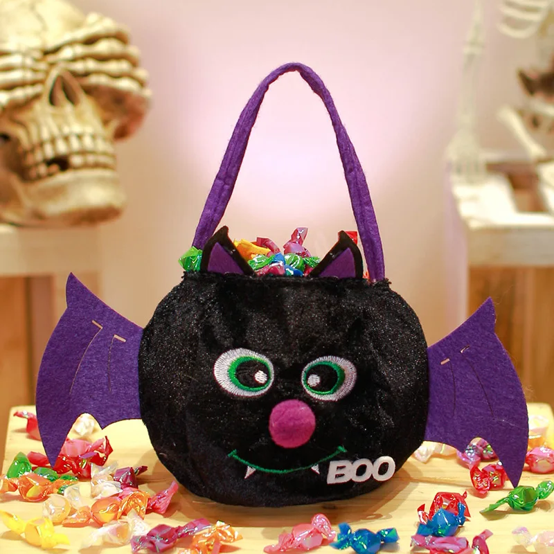 Halloween Cute Candy Bag Velvet Candy Handbag Skull Bat Tote Pattern Pumpkin Bag Halloween Candy Gift Packing Storage Supplies