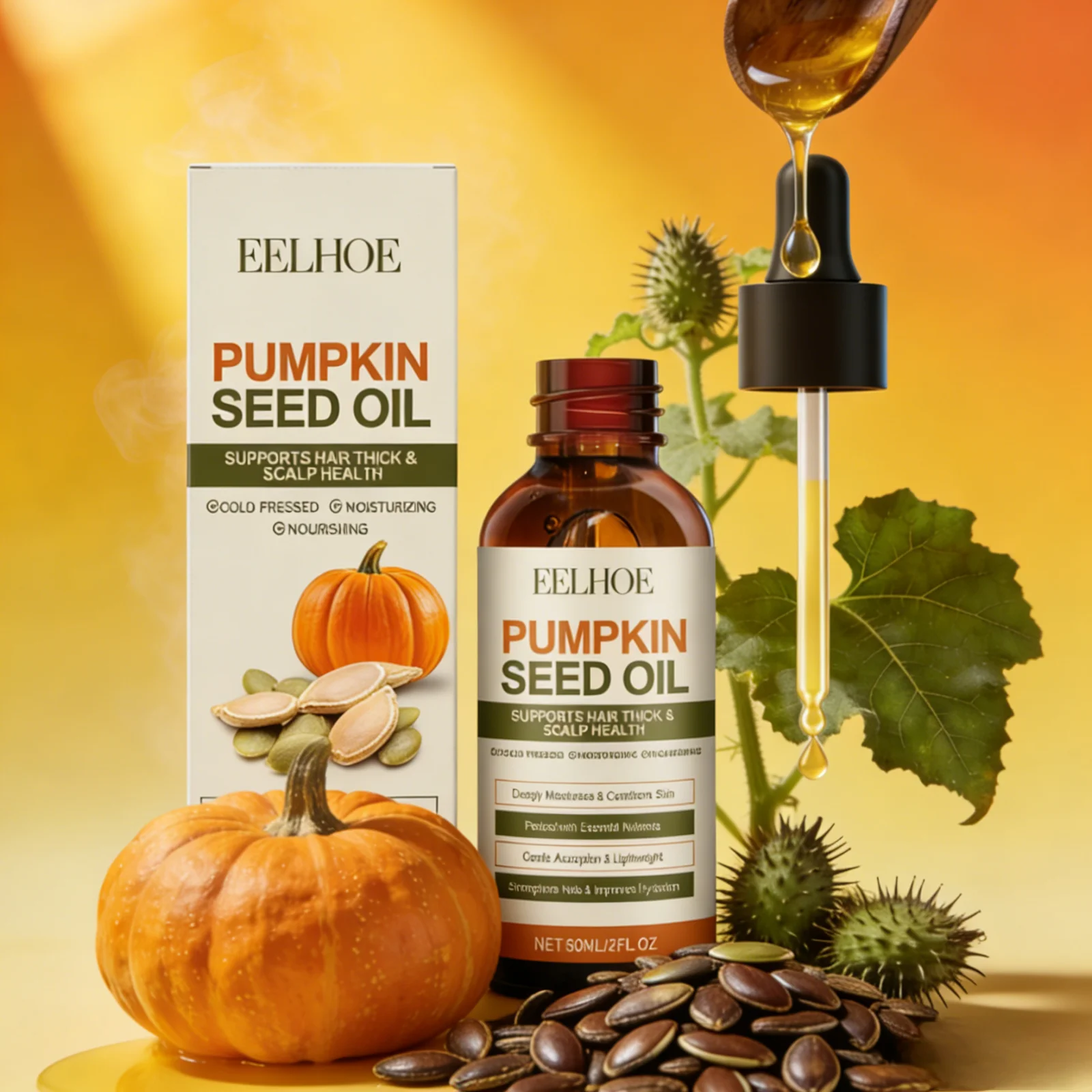 EELHOE Pumpkin Seed Oil Hair Growth Products Moisturizing Scalp Treatment Nail Repair Cold-Pressed Natural Organic Castor Oil
