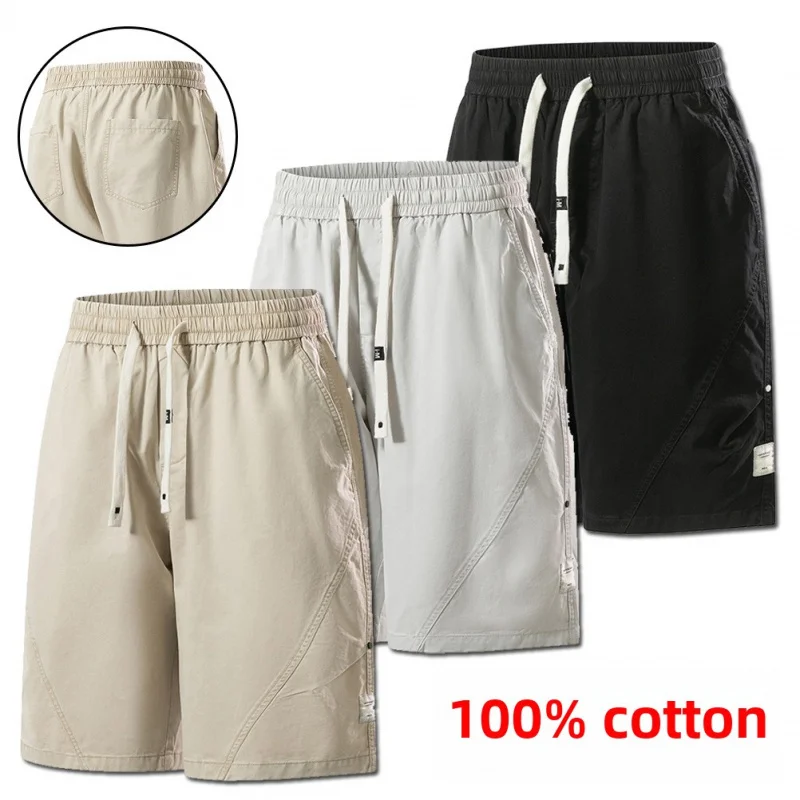 Brand Clothing Summer Thin 100% Cotton Fabric Shorts Pants Men Drawstring Elastic Waist Bermuda Knee Beach Short Pant Plus Size