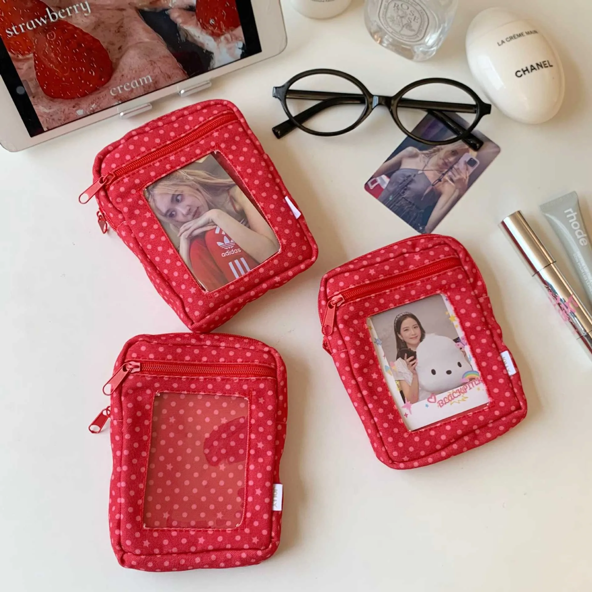 Red Polka Dot Photo Storage Display Bag Portable Lipstick Earphone Organizer Pouch with Photocard Slot