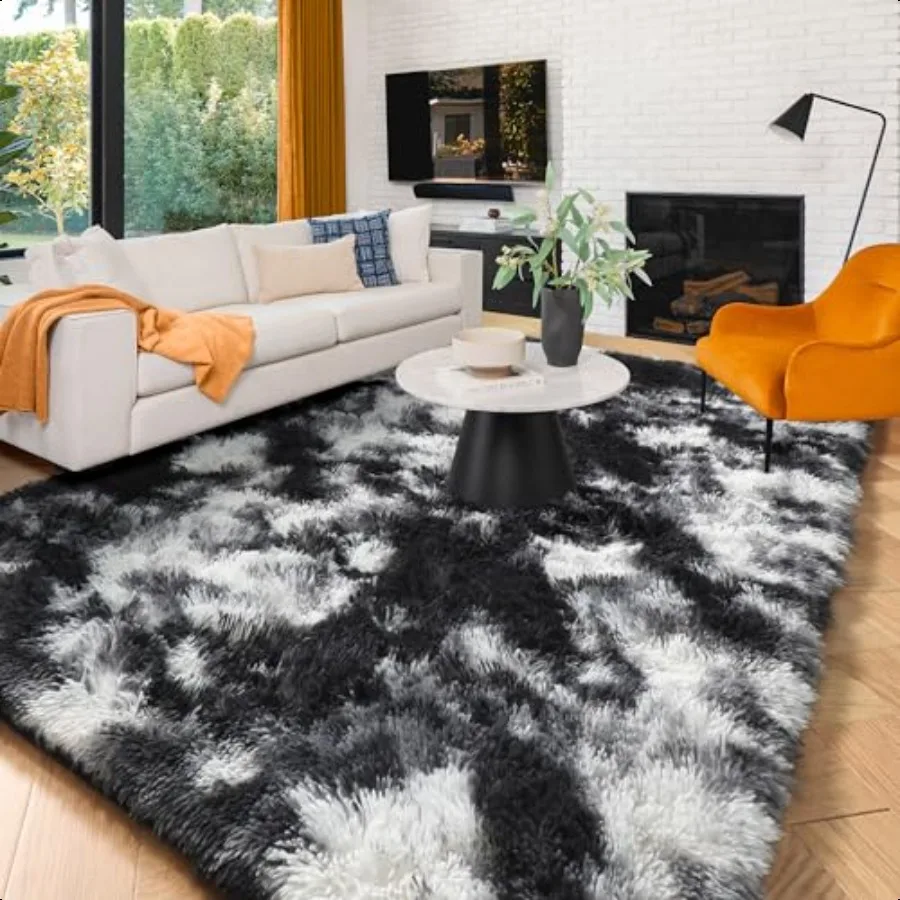 

Black White Grey Cool Area Rugs for Bedroom Living Room Fluffy Modern Furry Rugs for Room Decor Plush Shaggy Throw Rug 4x6 for
