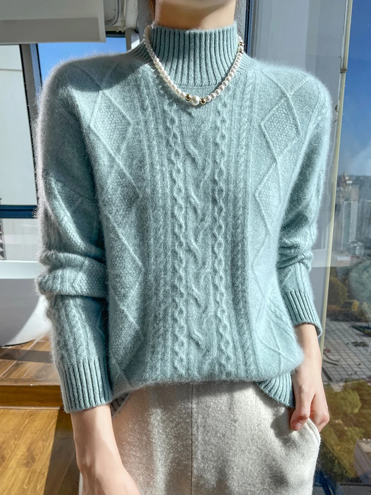 Women Sweater For Winter 100% Merino Wool Mock Neck Thick Warm Pullover Twist Flower Long Sleeve Cashmere Knitwear New Fashion