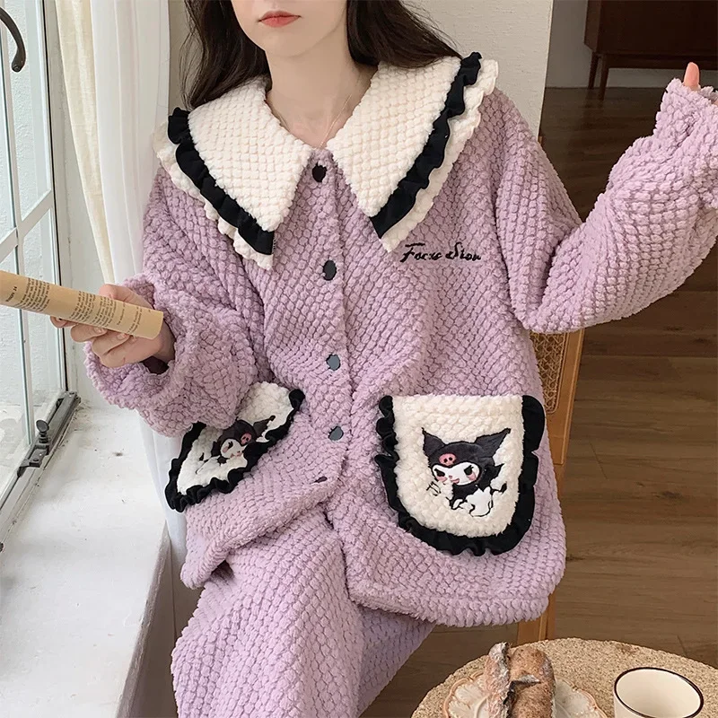 Sanrio pajamas winter lapel warm two-piece set Kulomie loungewear cartoon Sanrio pajamas pants set Kulomie women's pajamas