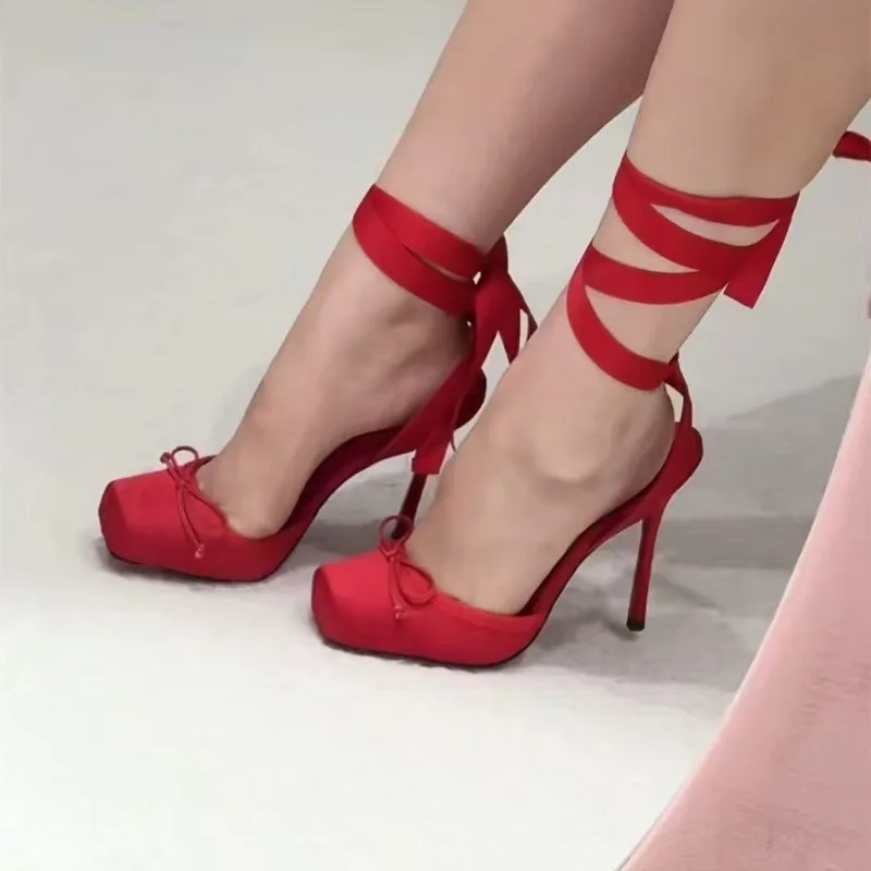 Red High-heeled Shoes, Women's Head-wrap with Pleated Bow, Ankle Strap Sandals, Ballet-style Cross-buckle Wedding Shoes