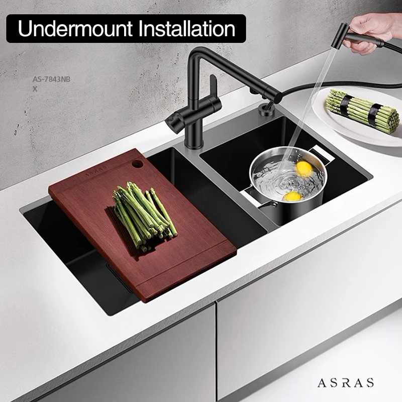 ASRAS 7843 And 8245 Nanometer Double Bowl Kitchen Sink 304 Stainless Steel Large Size Handmade Nano Technology Double Sinks