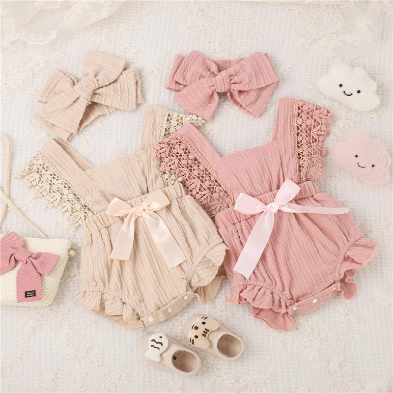 

Baby Clothing Summer Infant Toddler Girls Sleeveless Lace Bow Romper Jumpsuit with Headband For Newborn Clothes