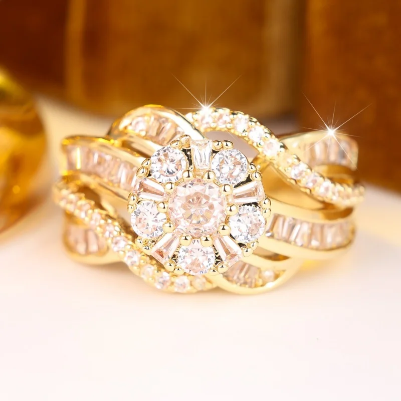European and American Heavy Industries Flower Gold Ring Multi Layer Twisted Arm Ladder Square Broken Diamond Interwoven Jewelry