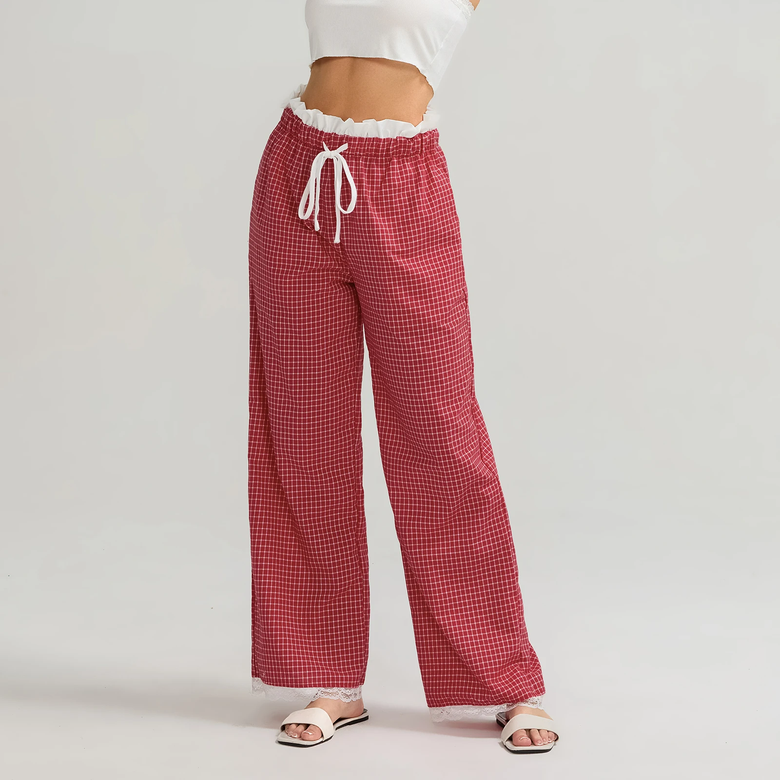 Women's Casual Sweet Lace Trim Wide Leg Pants Drawstring Elastic Waist Plaid Print Boxer Pants Ruffle Trousers