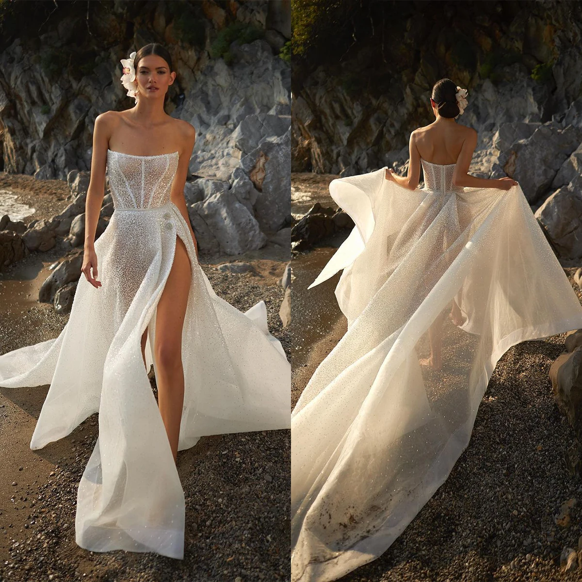 

Modern Strapless Wedding Sequins Side Split Bridal Gowns A Line Princess Backless Bride Dresses Custom Made Plus Size