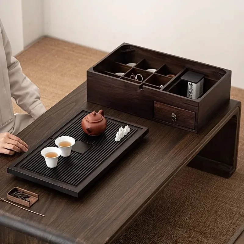 Chinese Style Bamboo Tea Box,All-in-One Storage with Ruyi Window，Multifunctional Tea Set Organizer,Ceremony Table Decor for Home