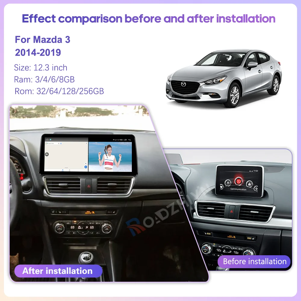 12.3inch Car Multimedia Video Player For Mazda 3 2014-2019 LHD/RHD GPS navigation radio Android12 Carplay 4G wifi 360 camera