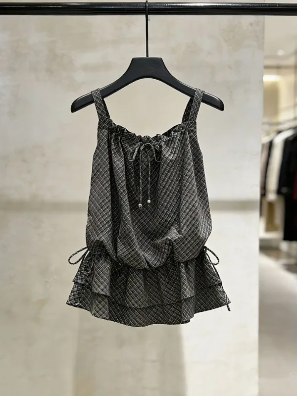 

plus Size 300 Pounds Women's Sweet Style Sleeveless Shirt with Drawstring Plaid Design Casual Loose Fit Summer Top