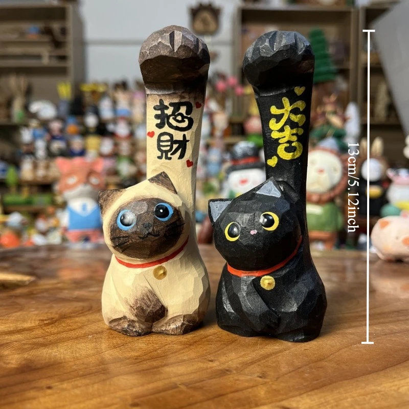 Solid Wood Powerful Lucky Cat Carving Ornament Auspicious Fortune Symbol Creative Cute Animal Figurines Desk Decor Festival Gift