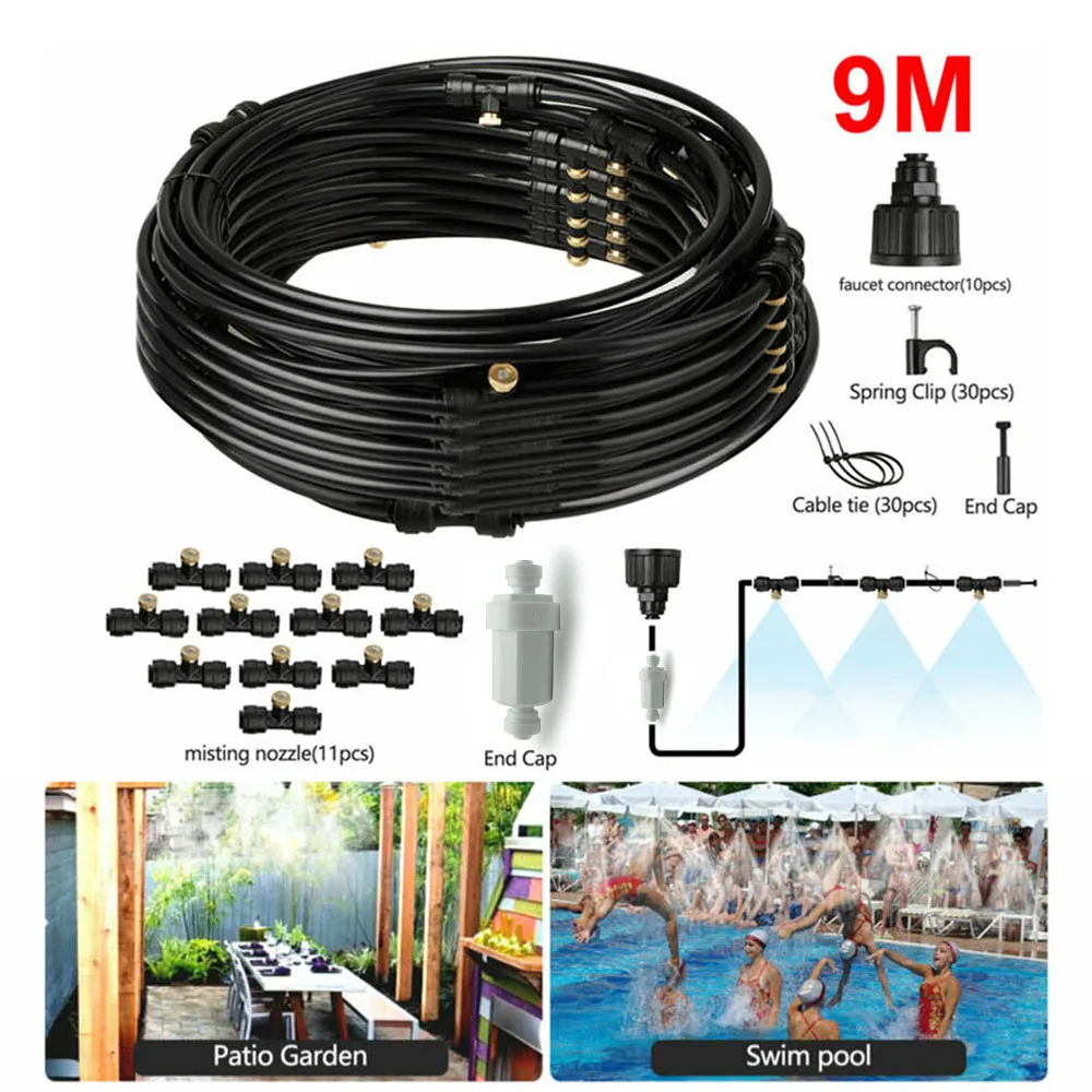 Garden End Cap Nozzles Set Spring Clips Irrigation Black Landscaping Greenhouse 9M 30FT Misting Cooling System