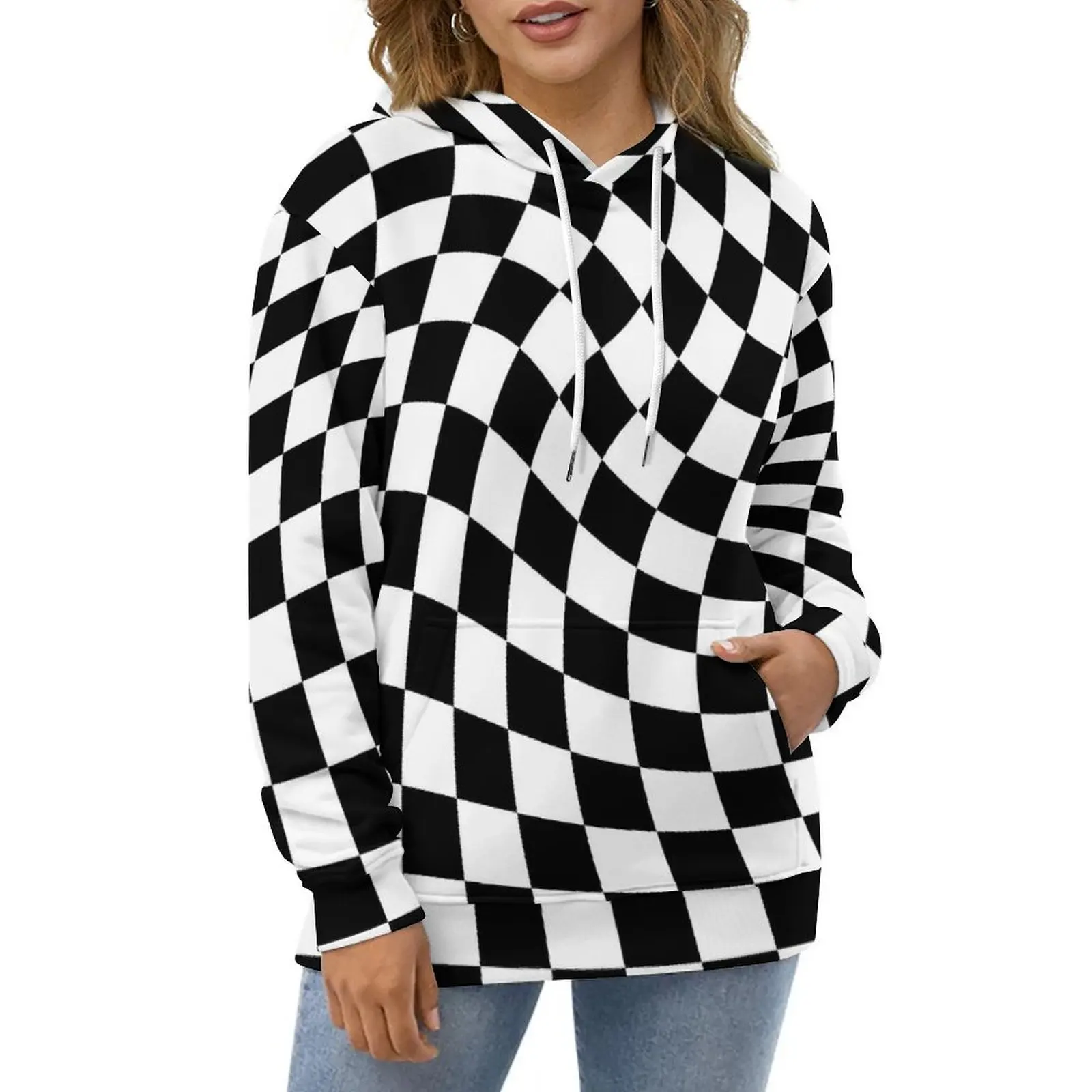 

Abstract Check Print Hoodies Long Sleeve Black Twist Pretty Casual Hoodie Winter Harajuku Oversize Loose Hooded Sweatshirts