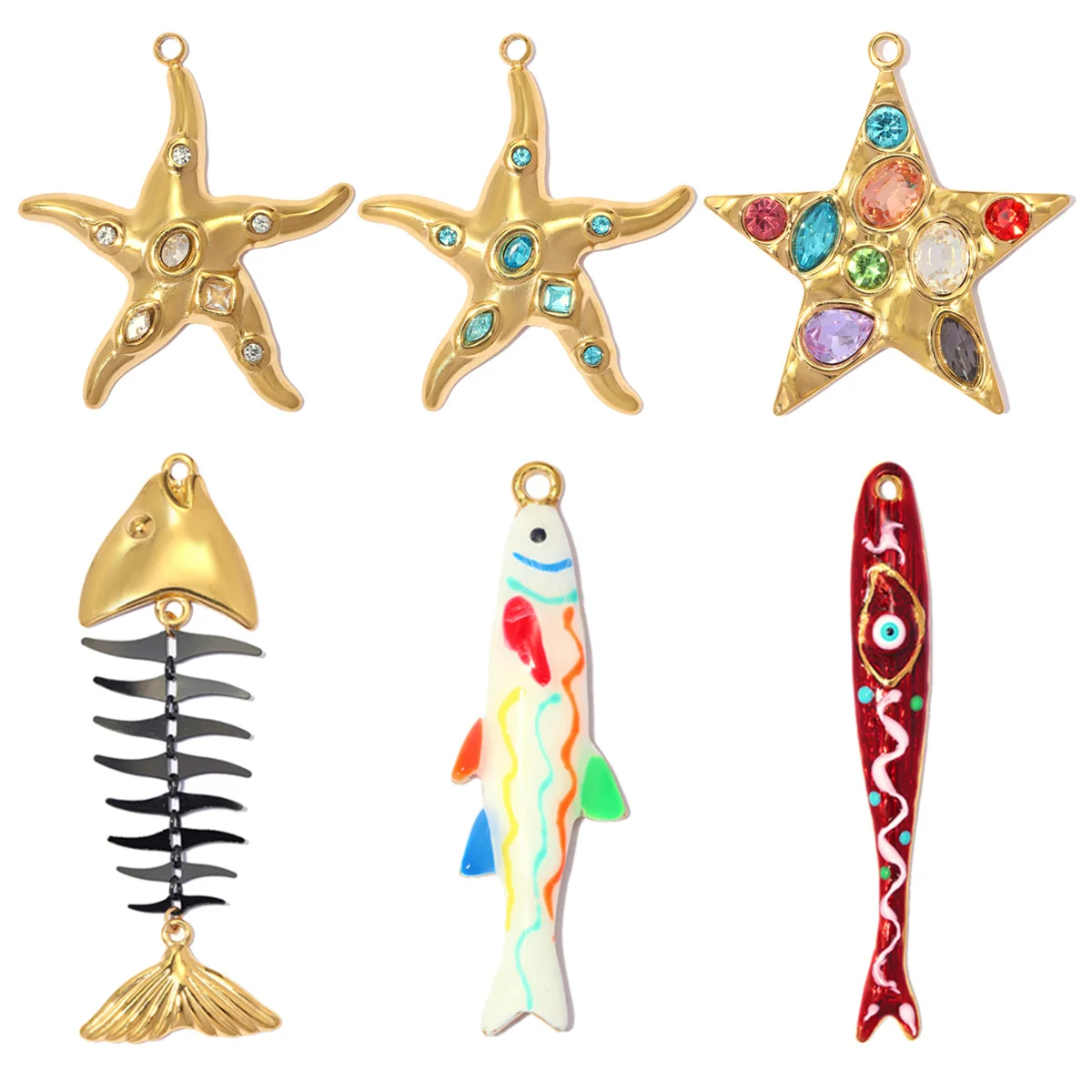 3pcs/Lot Stainless Steel Rainbow Starfish Crab DIY Charms Rhinestone Fish Bone Necklace Pendant Women Conch Jewelry Wholesale