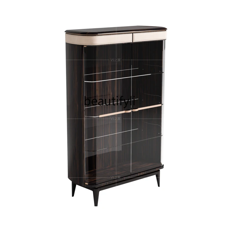 

Italian light luxury ebony wine cabinet curved glass locker restaurant floor-to-ceiling bright display cabinet