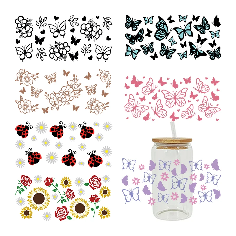 3D UV DTF Transfers Stickers 16oz Cup Wraps Flower Insect Butterfly Printed For DIY Glass Ceramic Metal Leather Etc. D8247