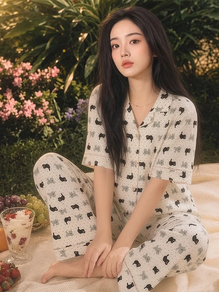 Pure Cotton Short Sleeve Women's Sleepwear Set Soft And Cool for Summer Home Clothes Outwear Personality Trend Loose Fit