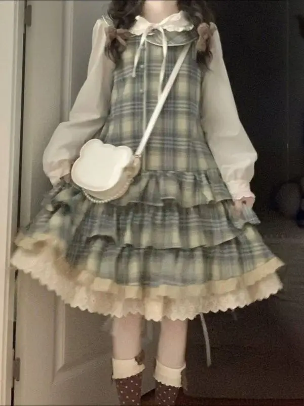 

2025 New Vintage Doll Collar Long Sleeved Shirt Ancient Times Subculture Yellow Green Grid Dress Harajuku Y2K Fairy 2-piece Sets