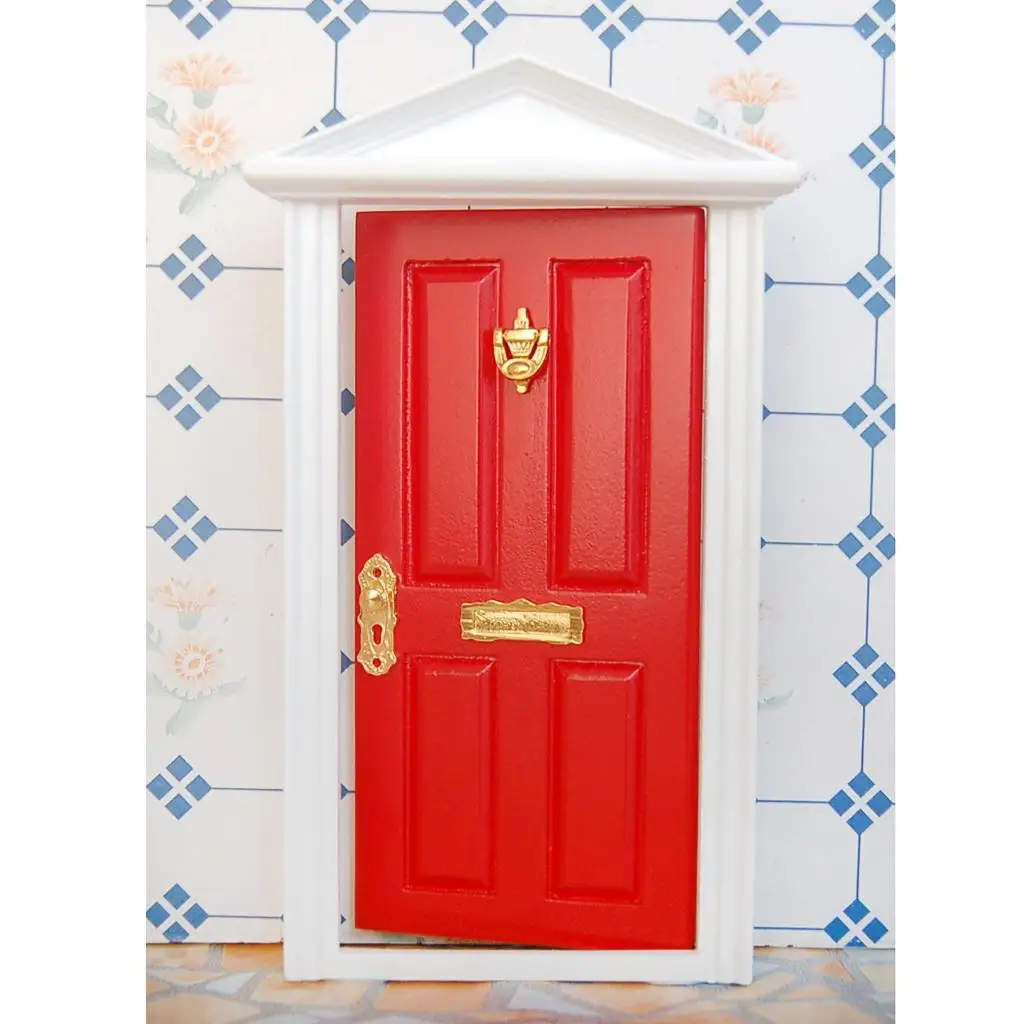 Porta Externa De Madeira Com Placa De Metal, Miniatura Dollhouse, Vermelho