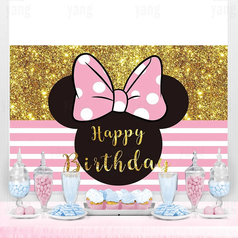 Disney Pink Gold Glitter Minnie Mouse Newborn Backdrop Photography Birthday Background Party Supplies Boys Girls Decoration