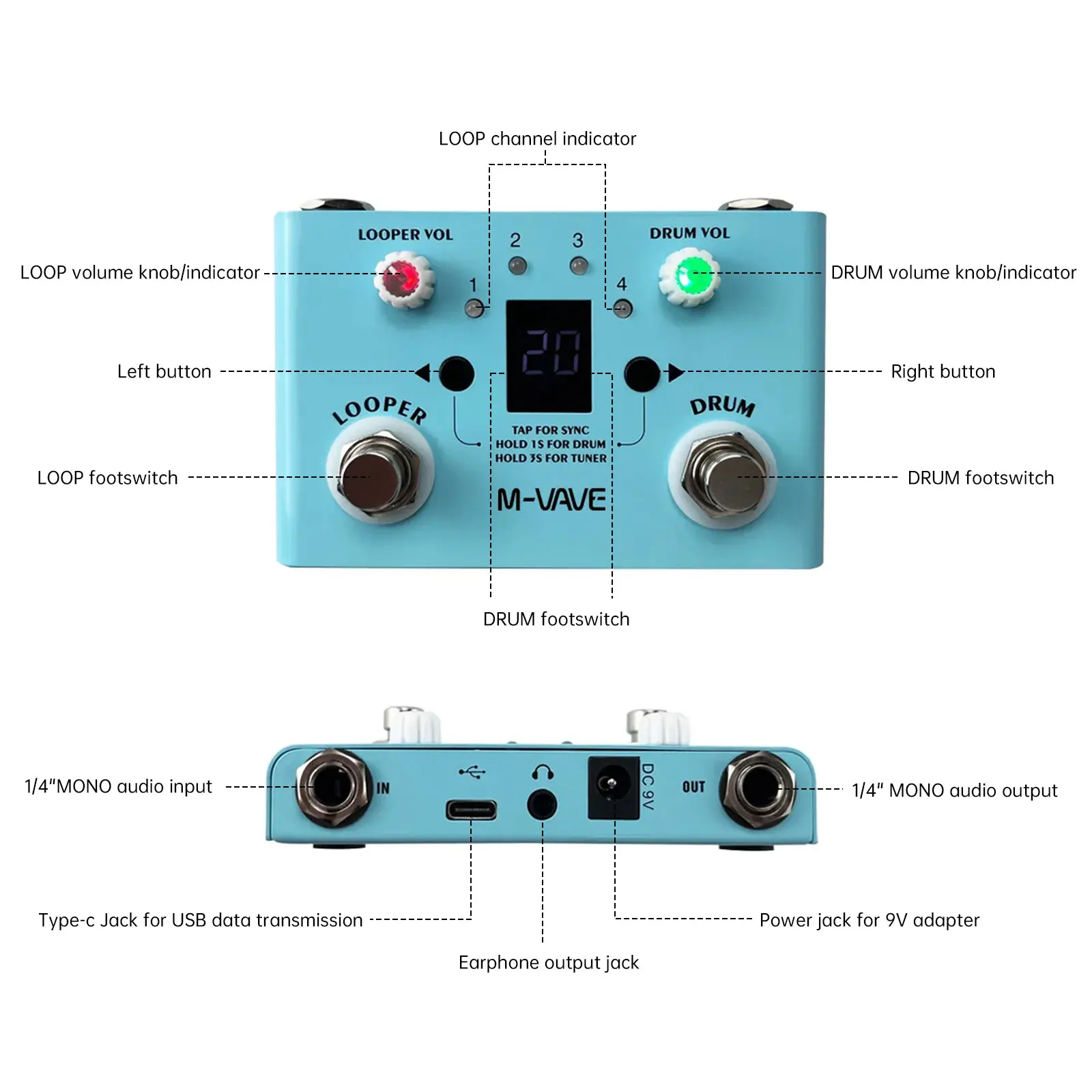 M-VAVE Guitar Effect Pedal Drum Looper Effector Mini 2-in-1 Machine Double Footswitch Looper Pedal LOST TEMPO CUVAVE