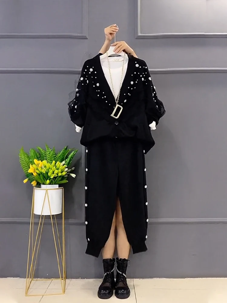 2023 Spring New Elegant V-neck Diamond Lace Knitted Coat Women Black Sweatpants Two-Piece Suit Fashion Bead Tracksuit Oversized