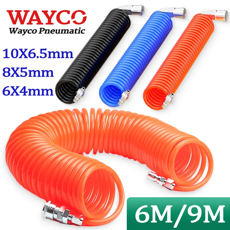 6/9Meters Spiral Compressed Air Hose OD 6mm 8mm 10mm Flexible PU Polyurethane Pneumatic Tube With EU / C(JP) Fitting Select Type