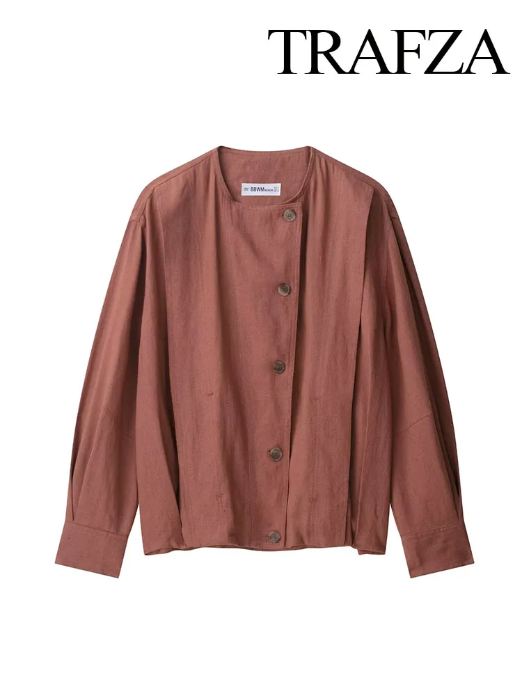 

TRAFZA Women's Autumn Streetwear Style Coats Solid O-Neck Single-Breasted Female New Fashion Casual Long Sleeves Jackets
