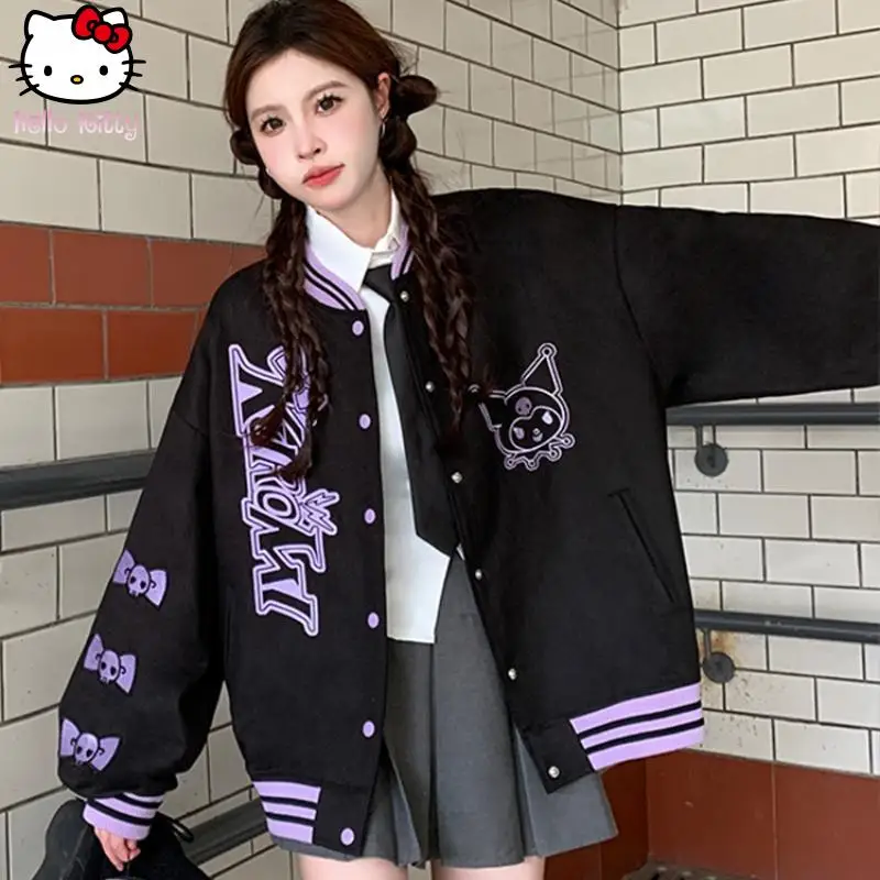 

Y2K Kuromi подростковое кавайное черное фиолетовое пальто Sanrio для девочек весна осень новая аниме мультфильм милая крутая свободная бейсбольная куртка топы