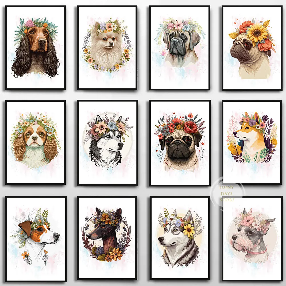 1pc frameless Canvas Painting  Watercolor Art Flower Dogs Poster  Husky Rottweiler Dog Pug Dog French Bulldog Canvas Painting fo