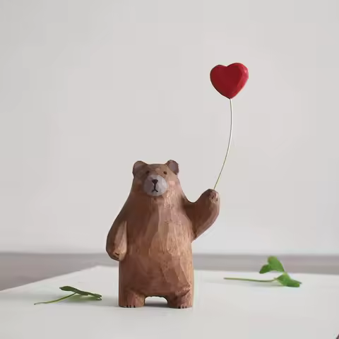 Wooden Bear Figurine with Heart Balloon - Handmade Desktop Decor, Cute Gift Idea
