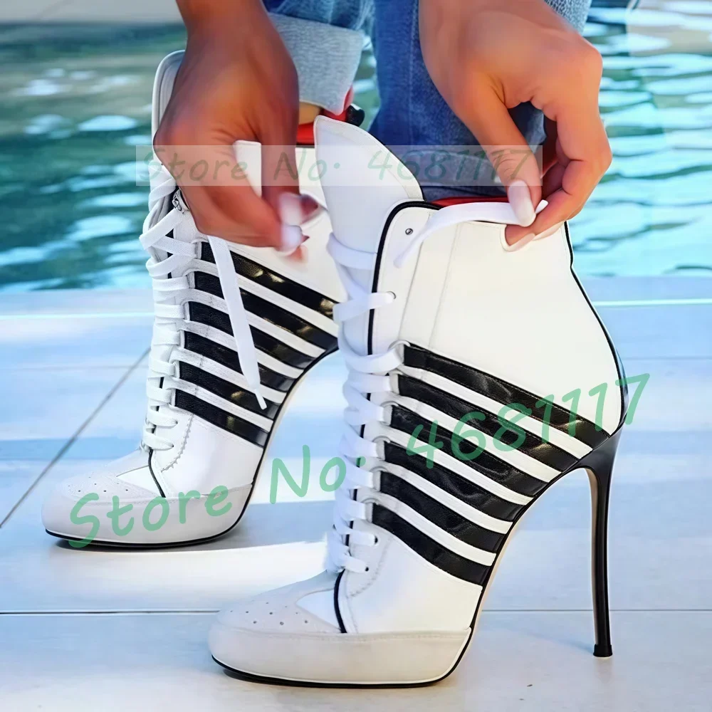 

Round Toe Sneaker Stiletto Ankle Boots Women Novelty Strip Print White Boots Spring Cross Tied Patchwork Breathable Heels Shoes