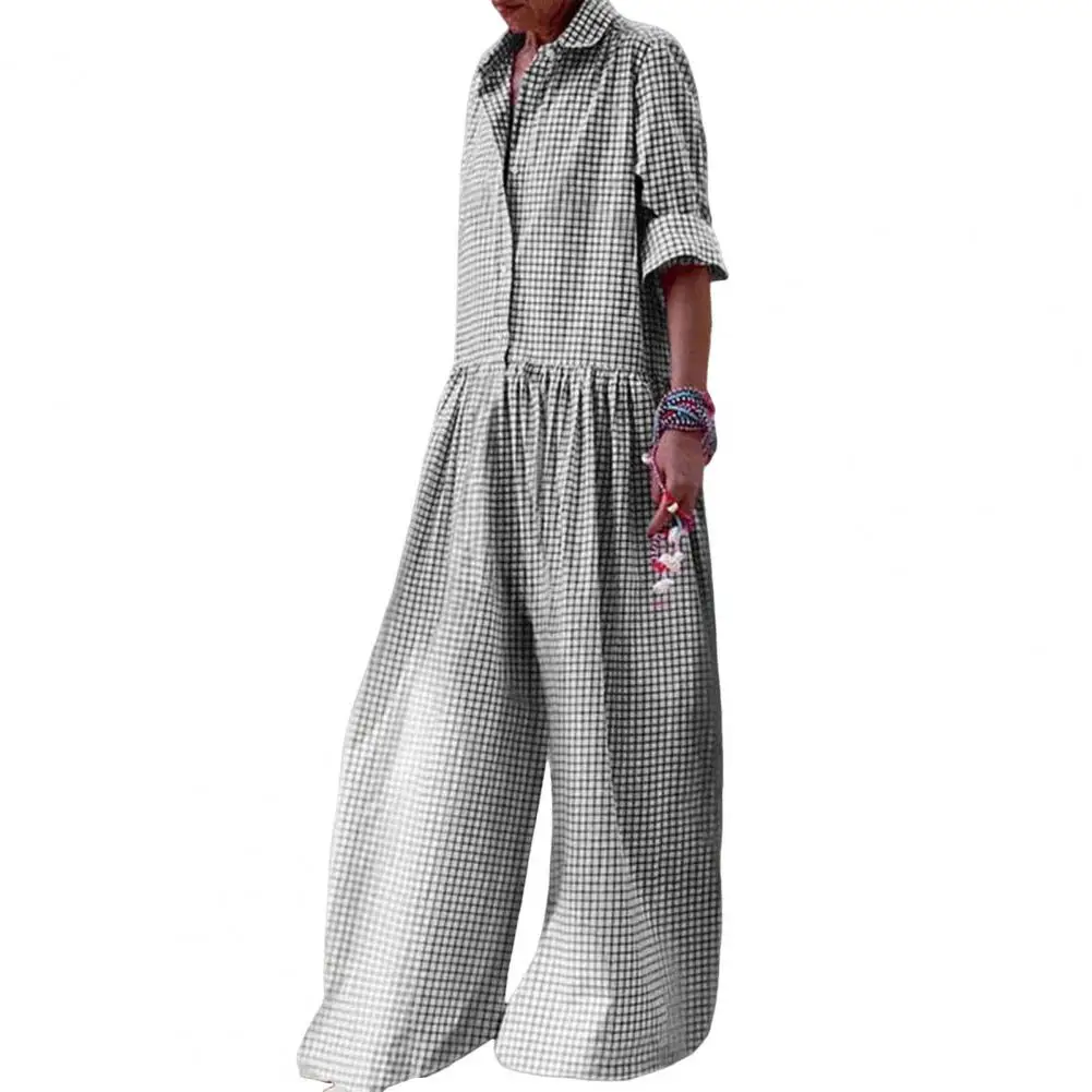 Women Plaid Jumpsuit Stylish Check Print Women\'s Jumpsuit with Long Sleeves Wide Legs Casual Loose Fit for Comfort for Easy