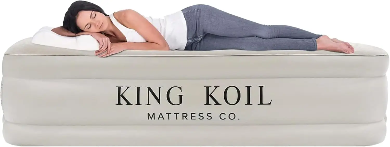 

Koil Luxury Pillow Top Plush Queen Air Mattress with High-Speed Built-in Pump, Blow Up Bed Top Side Flocking, Puncture Resistant