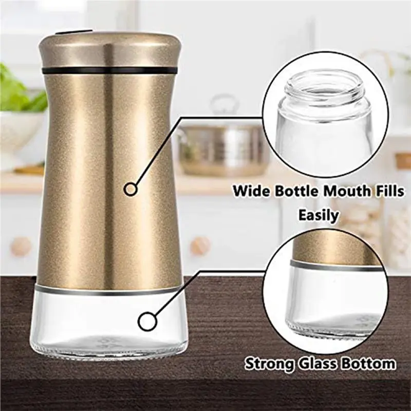 2PCS Stainless Steel Salt and Pepper Shakers Clear Bottom Bottle Container with Stainless Steel Top Copper Spice Jars