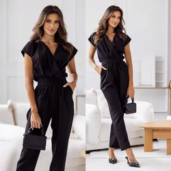 Fashion V-neck Short Sleeve High Waist Jumpsuit Women 2024 Summer Solid Office Elegant Romper Vintage Jumpsuits Overalls Women