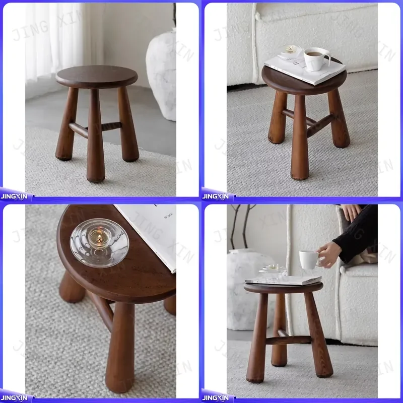custom for Solid Wood Round Stool French Style Thick Legs Retro Small Low Stool Creative Living Room Shoe Change Bench Home