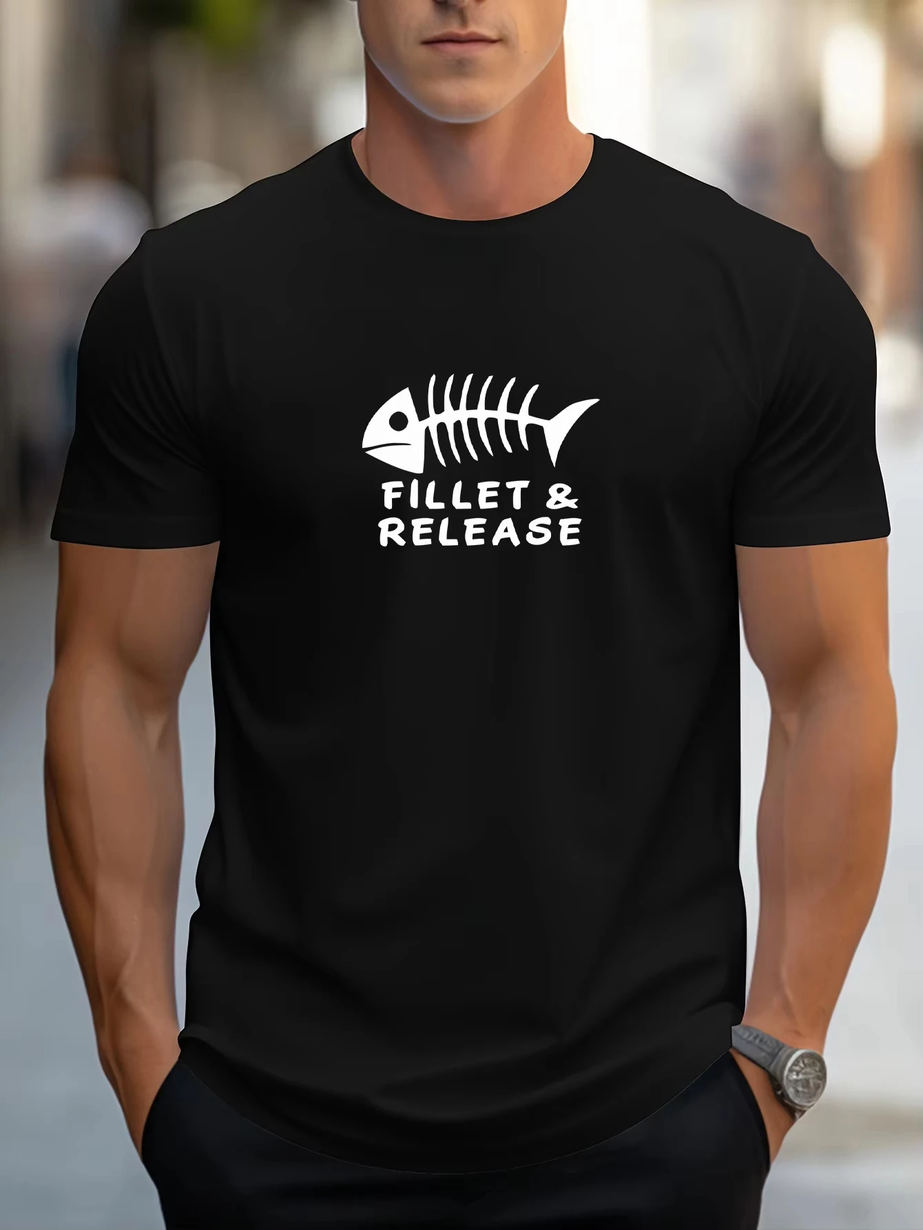 

Fillet Release Fish Bone Pattern Male T Shirts Hip Hop All-Match Streetwear Casual Cotton Breathable Clothes O-Neck Loose Top