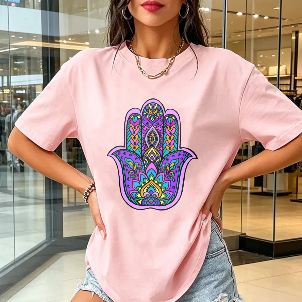 Colorful Hamsa Hand Graphic Tee Mandala Boho Spiritual Protection Unisex Fashion Tops Summer Fashion Vintage Casual Cotton Shirt