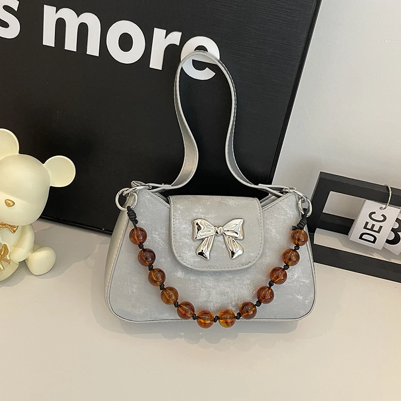 Stereo Bow Women's Square Shoulder Bag Solid Color Summer Beading Chains Leather Designer High Quality Bags for Women Trend 2024