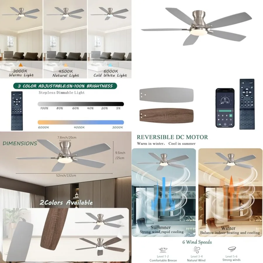 Ceilg Fans with Lights, Low Profile Ceilg Fan with Light and Remote/APP Control, DC Motor, Noiseless, Flush Mount, Ceiling Fan