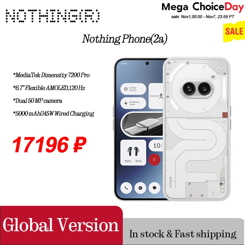 الإصدار العالمي لا شيء هاتف (2a) شاشة AMOLED مقاس 6.7 بوصة 120 هرتز Mediatek Dimensity 7200 Pro Dual 50MP 5,000 mAh 45W IP54 Phone 2a #1